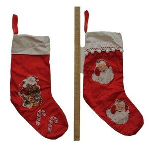 Lot 2x VTG Handmade Santa Claus Toy Sack Glitter Christmas Stocking 20.5" x 7.5"